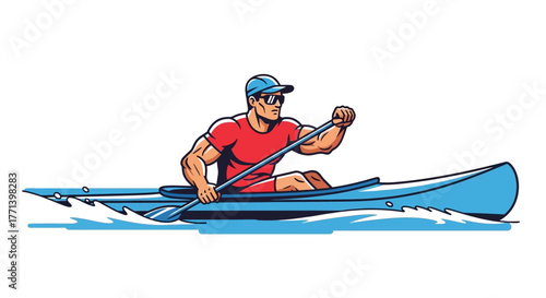 Man paddling a kayak through water with a determined expression on his face