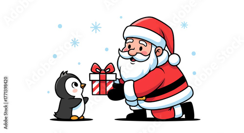 Jolly Santa Claus joyfully presents a festive gift box to an adorable little penguin, celebrating the heartwarming spirit of Christmas and winter holidays with a whimsical illustration