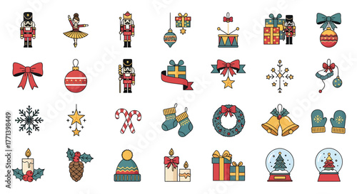 Christmas ornaments nutcrackers gifts decorations wreath baubles snowman vector