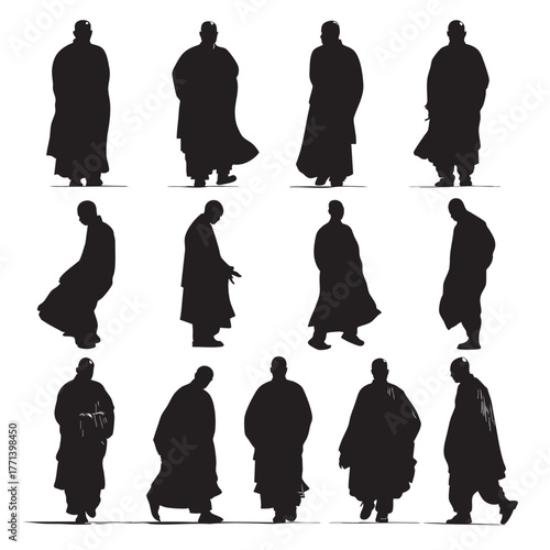 collection of illustrations of silhouettes of male monk