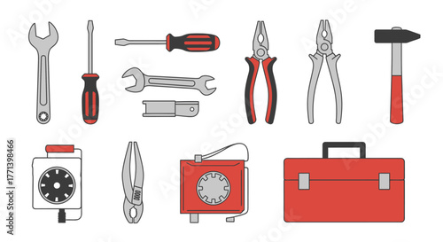 Illustration of various hand tools, including wrenches, pliers, screwdrivers and toolbox