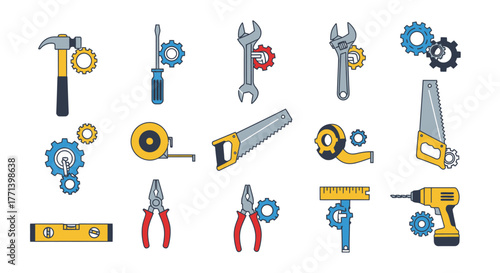Illustration of assorted hand tools with gears for maintenance projects