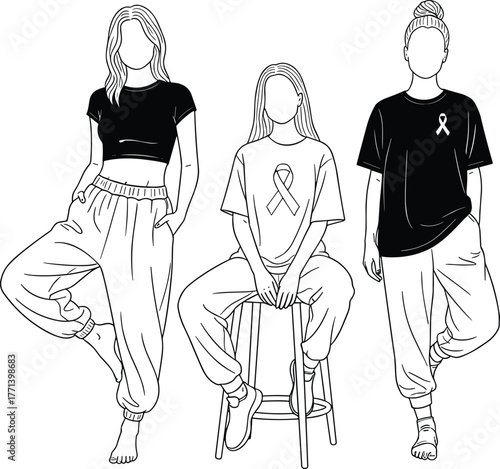 Casual fashion CAD drawing, flat vector illustration, ribbon t-shirt awareness design, barefoot models in sweatpants, black and white sketch