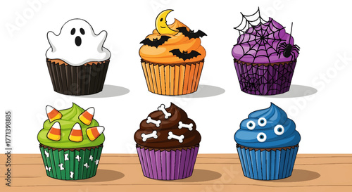 Collection of Halloween-themed cupcakes with festive decorations