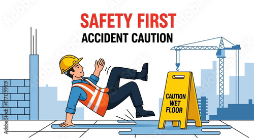 Safety First Accident Caution Construction Worker Slipping on Wet Floor Sign