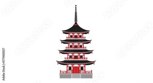 Traditional Japanese five-story pagoda tower illustration. An iconic Asian architectural landmark and cultural symbol isolated on white