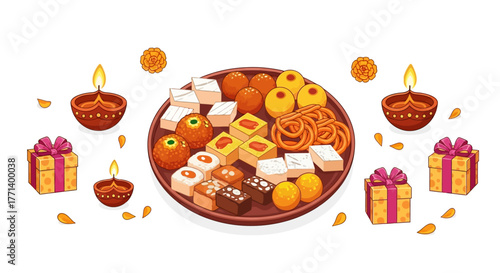 Festive platter of assorted Indian sweets and mithai for Diwali celebration, surrounded by lit diyas and gift boxes