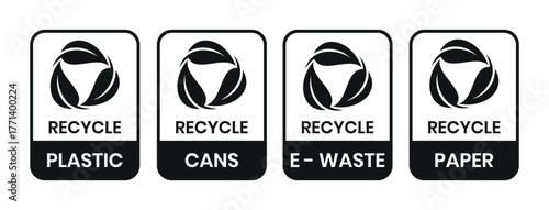 Recycle label products. Recycle icon set, Recycle sign, logo, badge, icon, sticker, label, emblem, stamp, symbol, black, line, flat vector, isolated illustration.