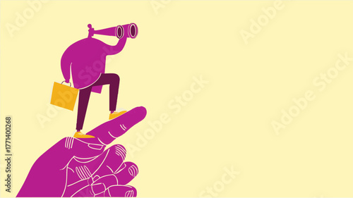 Business concept illustration of a person standing on a large hand using binoculars to look forward and plan ahead