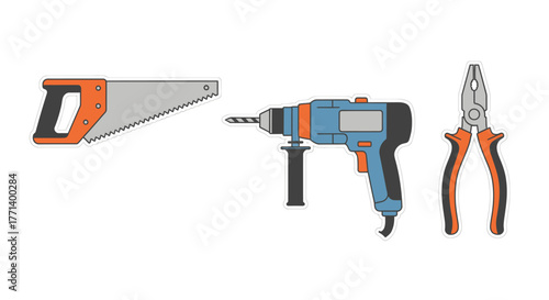 Home Improvement Tools Isolated on White Hand Saw Drill Pliers Set