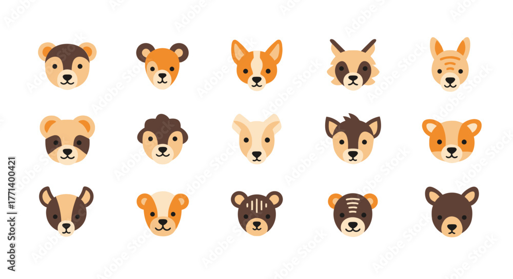 Fototapeta premium Adorable Cartoon Animal Heads Collection Isolated on White Background