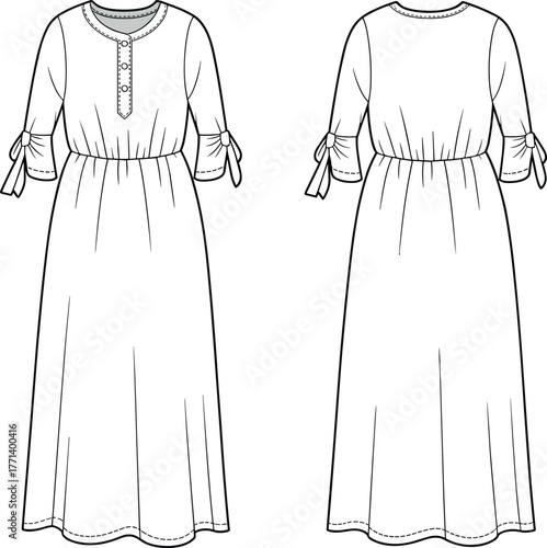 Women maxi dress fashion flat sketch, tie sleeve casual summer dress vector template, button placket apparel design outline
