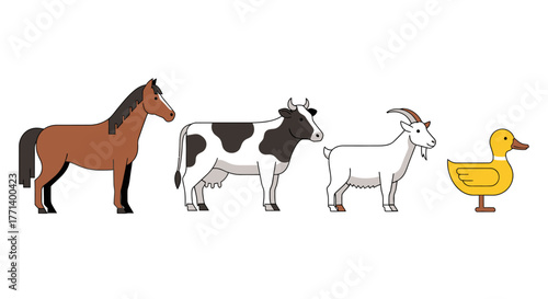 Farm Animals Cartoon Set Horse Cow Goat and Duck Simple Minimal Style