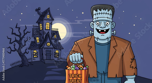 Spooky Frankenstein's Monster Enjoying Halloween Night Trick-or-Treating