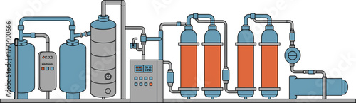 Technical illustration of industrial water treatment system, clean water filtration process, wastewater purification equipment, modern engineering machinery design