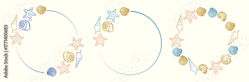 Vector hand drawn seashell frame set with starfish, shells, and marine elements in pastel colors. Perfect for summer cards, invitations, beach wedding designs, and sea-themed projects.