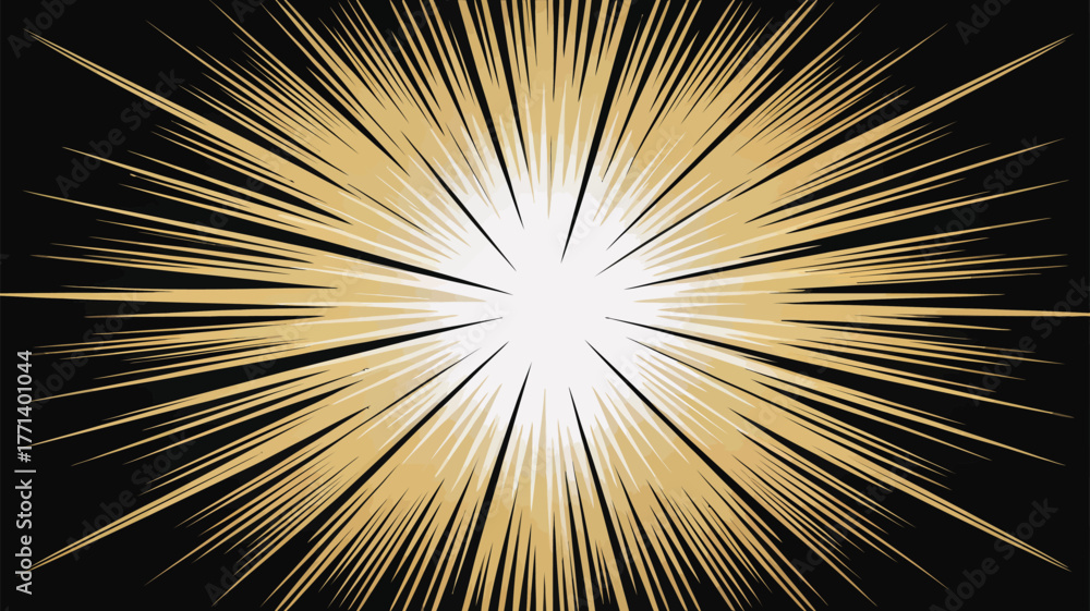 Obraz premium A graphic illustration of golden rays emanating from a central white point on black background