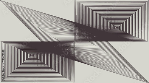 Abstract composition featuring nested squares and triangles formed by thin dark lines on light background