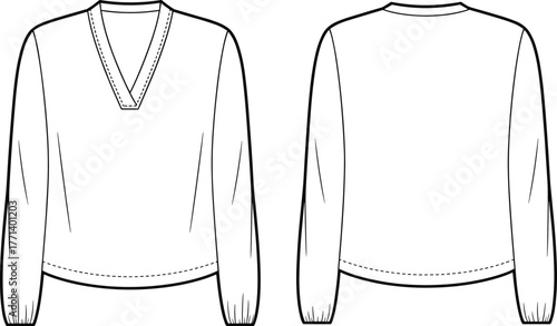 Women V neck long sleeve top fashion flat sketch, sweatshirt style blouse technical drawing, apparel CAD template, clothing design illustration vector