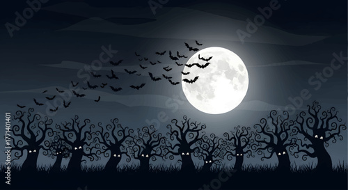 Spooky Halloween Night with Full Moon and Silhouette Trees Flying Bats
