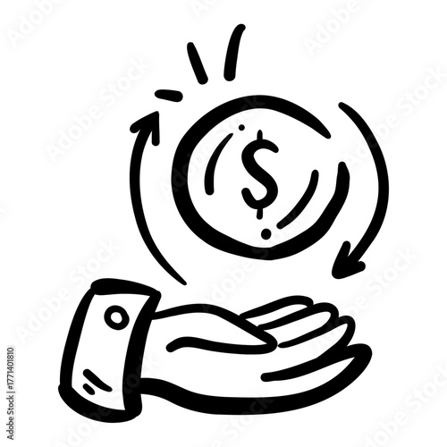 Hand with flowing dollar coin and arrows, hand-drawn style, representing financial flow or exchange