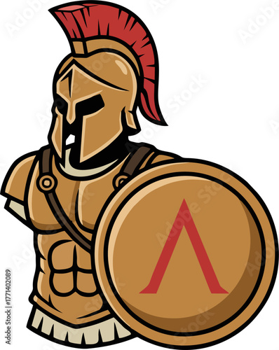 Spartan Warrior Armor Vector Illustration – Cartoon Ancient Greek Soldier with Helmet and Shield