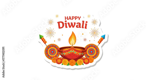 Happy Diwali Celebration Vibrant Oil Lamp and Festive Fireworks for the Festival of Lights