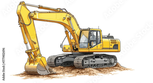 Watercolor Illustration of Heavy-Duty Yellow Excavator on Dirt