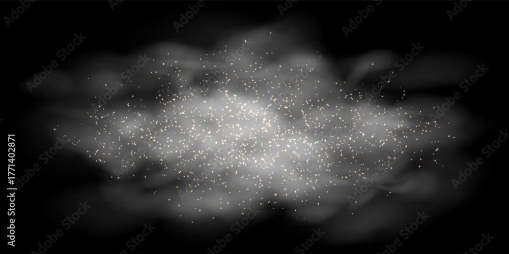 Naklejka premium Magic white cloud of mist on black bg with sparkling stars. Mystic sky and smog or mysterious fog. Grey vapour with golden sparks. Vector illustration with gradient mesh and overlay effects.
