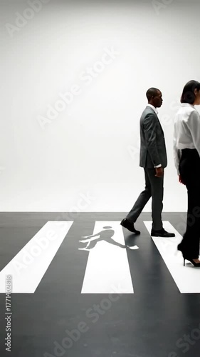 Several figures in business attire and formal wear walk across a black and white crosswalk