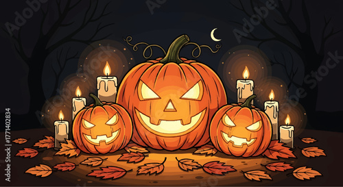 Happy Halloween pumpkin faces with candles and autumn leaves illustration
