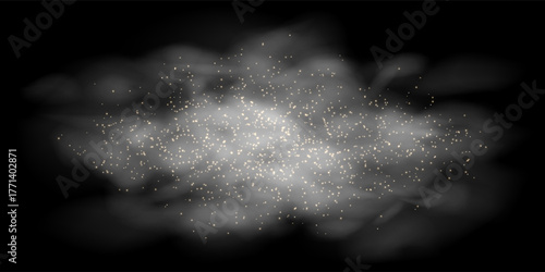 Magic white cloud of mist on black bg with sparkling stars. Mystic sky and smog or mysterious fog. Grey vapour with golden sparks. Vector illustration with gradient mesh and overlay effects.