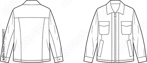 Zip up jacket front and back view, flap and welt pockets, ribbed cuffs, fashion flat sketch, apparel vector template