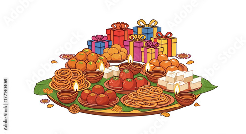 Vibrant assortment of traditional Indian sweets, glowing diya oil lamps, and festive gifts on a decorative platter illustration