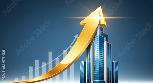 Financial growth arrow pointing up with building and chart for business and investment success concept