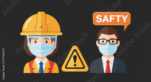 Workplace safety guidelines and protocols during pandemic with worker and manager wearing face masks and safety gear