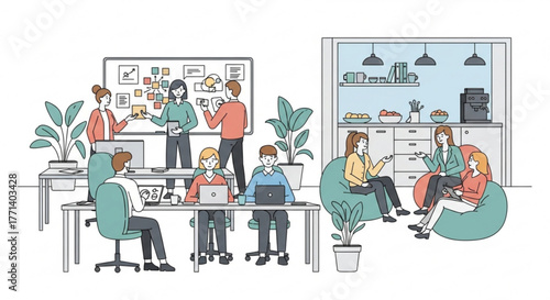 Illustration of team collaboration in modern office space for business and coworking environment design