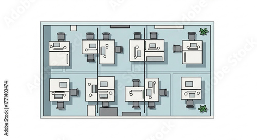 Office floor plan layout design with desks and chairs for business interior workspace arrangement view