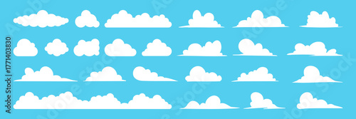 Cute cloud icons set. Collection of white cartoon clouds in flat style, isolated on a blue background. Perfect for weather graphics, and sky themed designs.