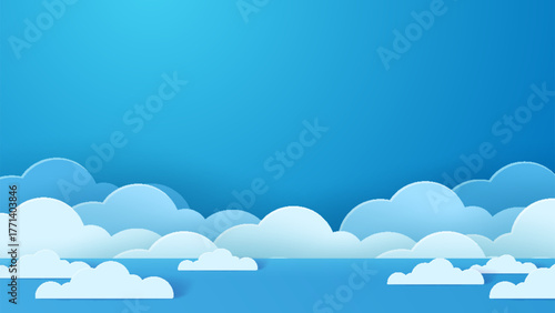 Beautiful fluffy clouds against a blue sky background. Paper cut style. Space for text. Banner header for a summer day.