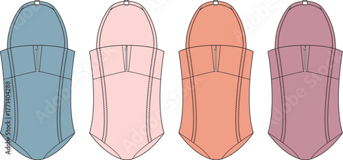 Collection of four one-piece swimsuits in different colors and styles