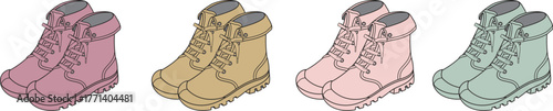 Collection of four pairs of casual boots in various colors pink, tan, blush, and mint green