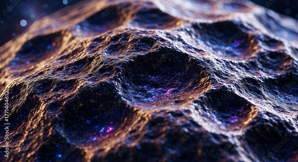 Obraz premium A rough cratered surface with purple blue patches resembling an alien landscape or planetoid