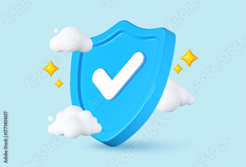 3D blue shield with a check mark, surrounded by clouds and sparkles on a light background. Security, protection, and verification concept in modern cartoon style.