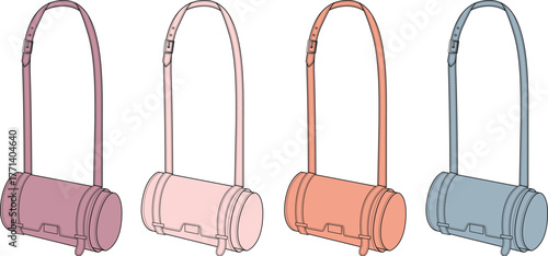 A collection of stylish cylindrical duffel bags in various pastel shades. A set of elegant and minimalist fashion accessory vector illustrations