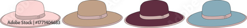Illustrative collection of four distinct hats, rendered in soft hues pink, beige, burgundy, and blue, ideal for diverse fashion, accessory, and design projects