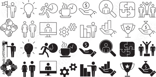 Set of business and teamwork icons in line and solid style. Minimalist vector symbols for leadership, idea, success, cooperation, growth, finance, and time management concepts. Modern pictograms for p