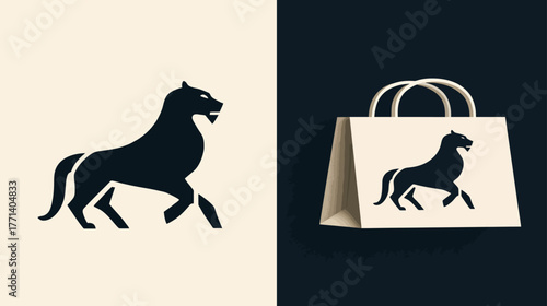 Stylized hybrid animal creature logo design mockup on a white shopping bag, representing strength, elegance, and retail branding.