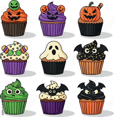 Halloween cupcakes with spooky faces, vector flat illustration