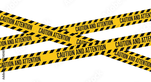 Vector illustration of crisscrossing yellow and black striped barrier tape with caution and attention warning text